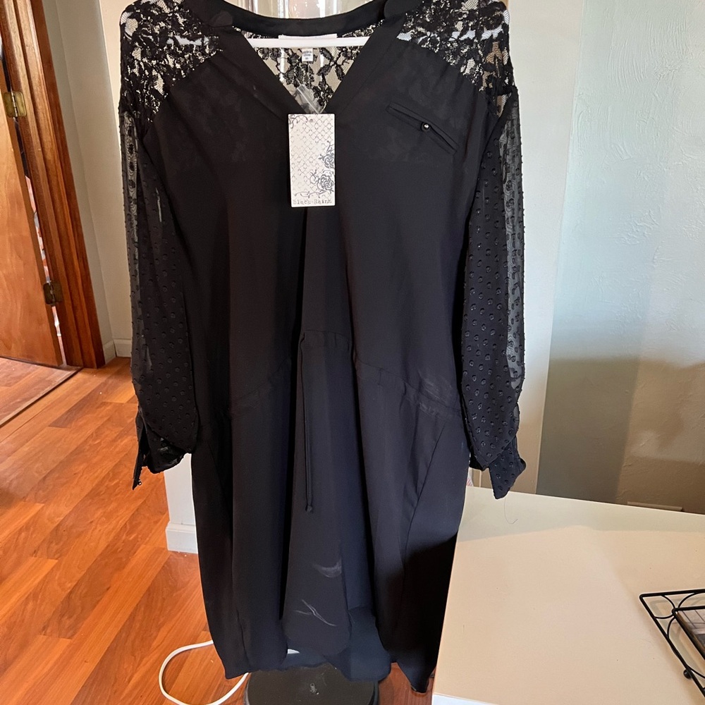 Black Peasant dress. Elastic waist with decorative tie. Tunic/short dress.